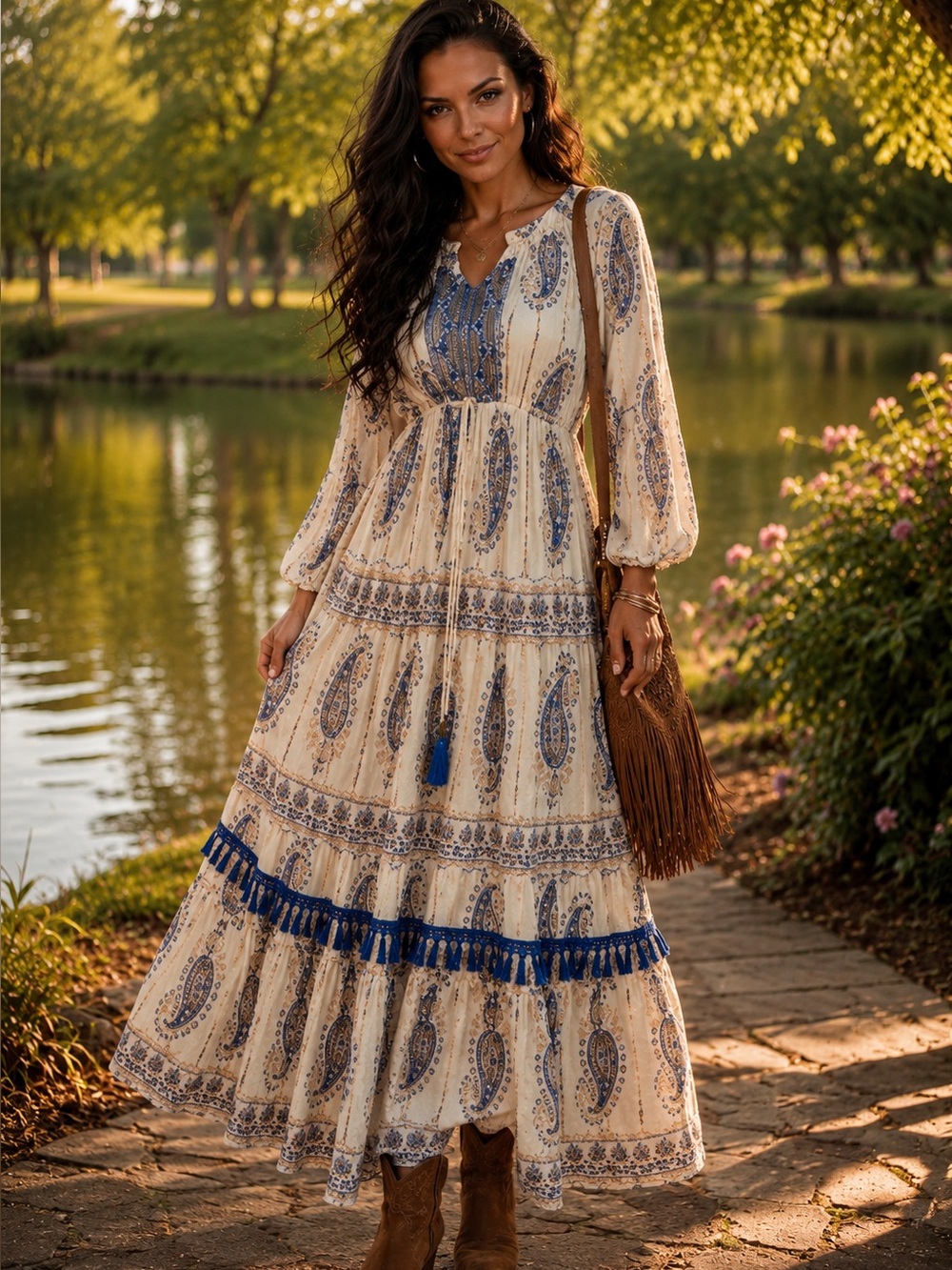 Off-Shoulder White Maxi Dress with Blue Paisley Print